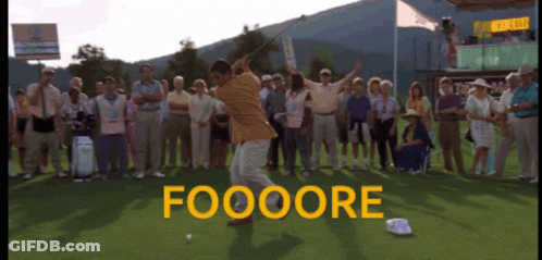 A Man Swings A Golf Club In Front Of A Crowd That Says Foooore GIF