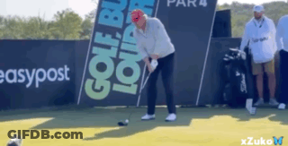 A Man Swings A Golf Club On A Golf Course In Front Of A Banner That Says Easypost GIF