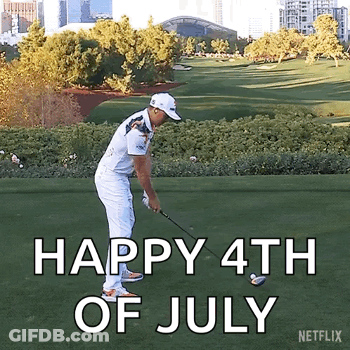 A Man Swings A Golf Club On A Golf Course With The Words Happy 4Th Of July GIF