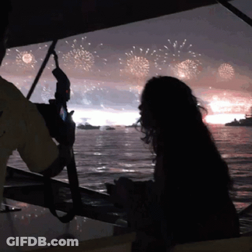 A Man Takes A Picture Of A Woman Watching Fireworks GIF
