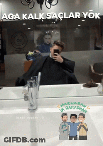 A Man Taking A Picture Of Himself In Front Of A Mirror With The Words Aga Kalk Saclar Yok Above Him GIF
