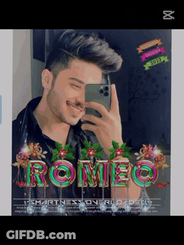 A Man Taking A Selfie With The Name Romeo On The Bottom GIF