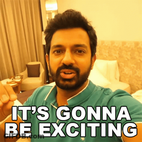 A Man Taking A Selfie With The Words " It 'S Gonna Be Exciting " Behind Him GIF