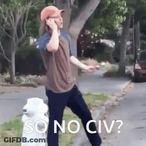 A Man Talking On A Cell Phone Next To A Fire Hydrant With The Words So No Civ Written On It GIF