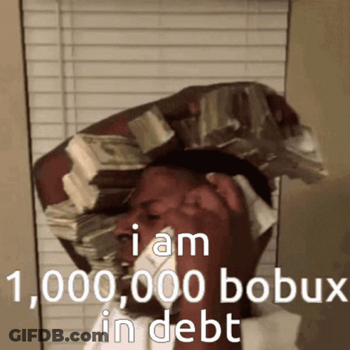 A Man Talking On A Cell Phone While Holding A Stack Of Money On His Head GIF