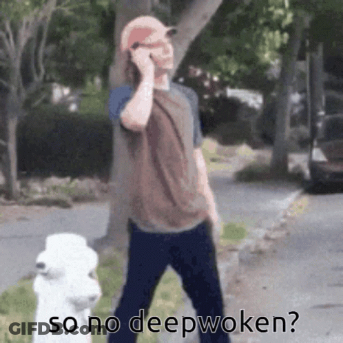 A Man Talking On A Cell Phone While Walking A Dog With The Words So No Deepwoken GIF