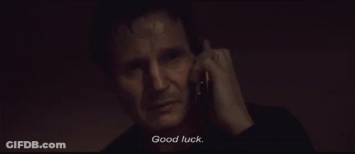 A Man Talking On A Cell Phone With The Words " Good Luck " On The Bottom GIF