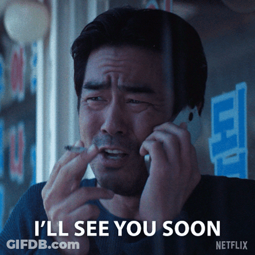 A Man Talking On A Cell Phone With The Words " I 'Ll See You Soon " Next To Him GIF