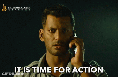 A Man Talking On A Cell Phone With The Words " It Is Time For Action " Next To Him GIF