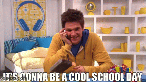 A Man Talking On A Cell Phone With The Words " It 'S Gonna Be A Cool School Day " Above Him GIF