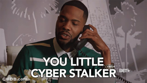 A Man Talking On A Phone With The Words You Little Cyber Stalker GIF