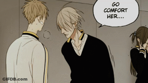 A Man Talking To A Girl With A Speech Bubble Saying Go Comfort Her GIF