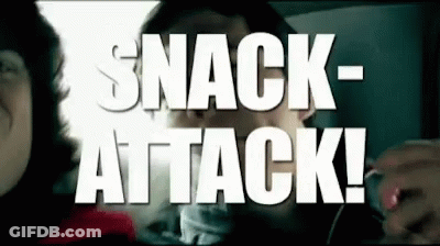 A Man Talking To A Woman In A Car With The Words Snack Attack Written On The Screen GIF