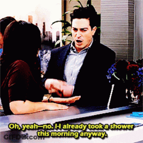 A Man Talking To A Woman In Front Of A Mirror With The Words Oh Yeah No H Already Took A Shower This Morning GIF
