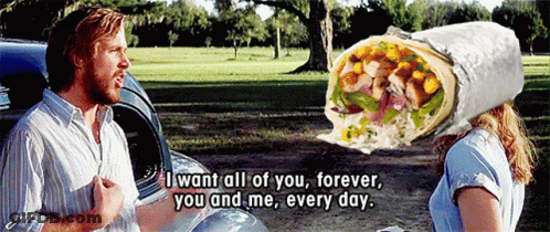 A Man Talking To A Woman With A Burrito On Her Head And The Words " I Want All Of You Forever You And Me Every Day " GIF