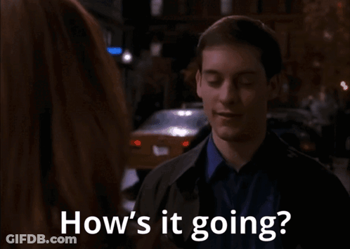 A Man Talking To A Woman With The Words " How 'S It Going " On The Bottom GIF