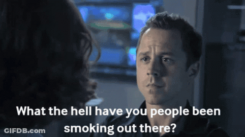 A Man Talking To A Woman With The Words " What The Hell Have You People Been Smoking Out There " Below Him GIF