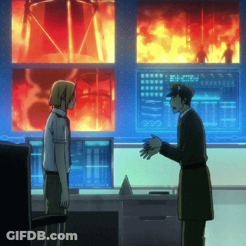 A Man Talking To Another Man In Front Of A Computer Screen That Says ' 000 ' On It GIF