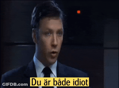 A Man Talking To Another Man With A Yellow Sign That Says Och Juvenil Full GIF