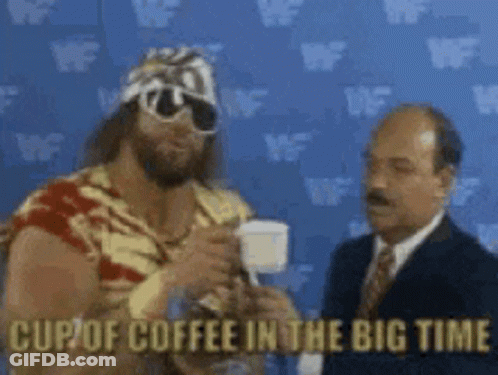 A Man Talking To Another Man With The Words Cup Of Coffee In The Big Time Written On The Bottom GIF
