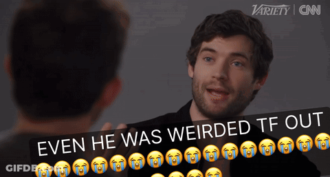 A Man Talking To Another Man With The Words Even He Was Weirded Tf Out Above Him GIF