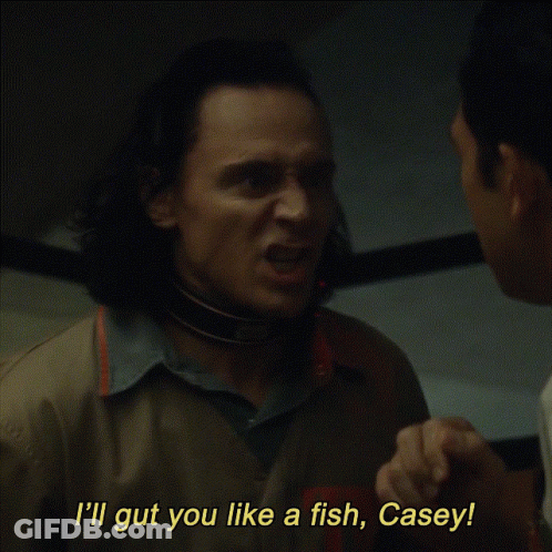 A Man Talking To Another Man With The Words I 'Ll Gut You Like A Fish Casey Written Below Him GIF