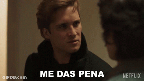 A Man Talking To Another Man With The Words Me Das Pena Written On The Bottom GIF