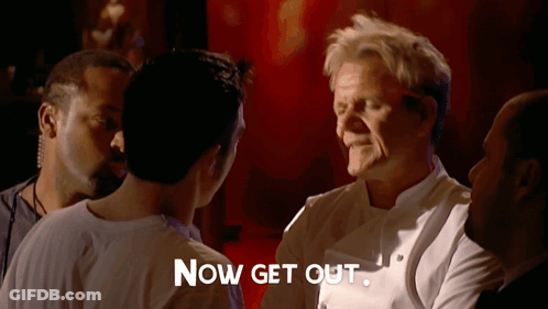 A Man Talking To Another Man With The Words Now Get Out Written On The Bottom GIF