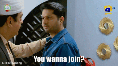 A Man Talking To Another Man With The Words " You Wanna Join " Below Him GIF