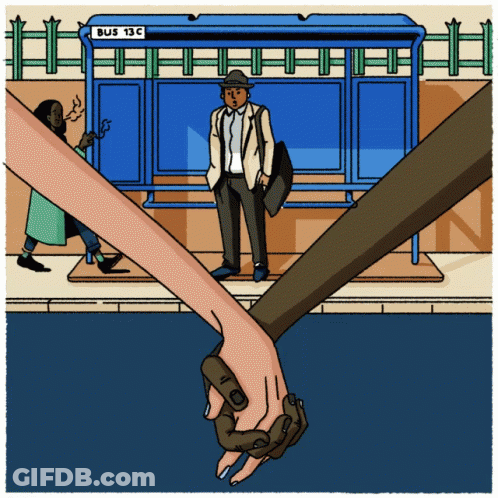 A Man Waiting At A Bus Stop That Says Bus 13C On It GIF