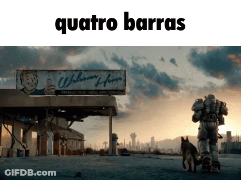 A Man Walking A Dog In Front Of A Sign That Says Quatro Barras GIF