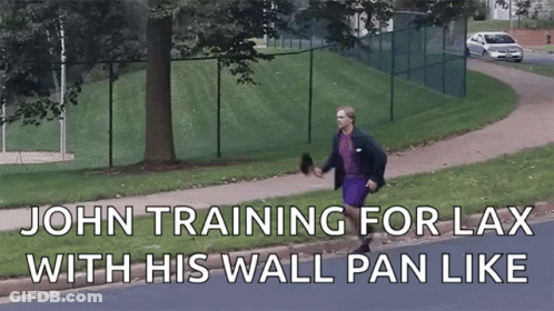 A Man Walking Down A Sidewalk With The Words " John Training For Lax With His Wall Pan Like " GIF