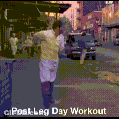 A Man Walking Down A Street With The Words Post Leg Day Workout GIF