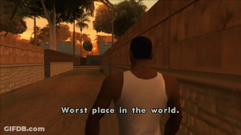 A Man Walking Down A Street With The Words Worst Place In The World On The Screen GIF