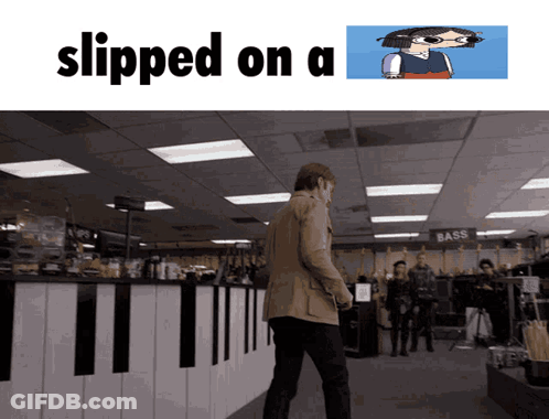 A Man Walking In A Store With The Words " Slipped On A " On The Bottom GIF