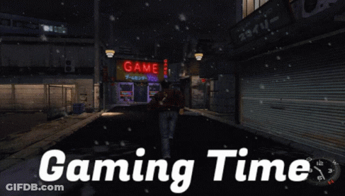 A Man Walking In Front Of A Game Center With The Words Gaming Time Below Him GIF