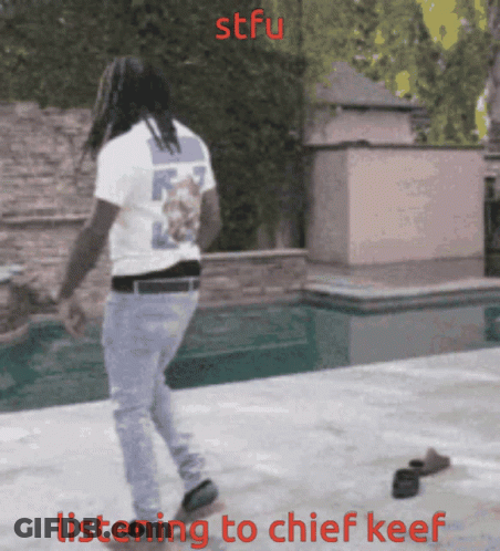 A Man Walking In Front Of A Pool With The Words Listening To Chief Keef GIF