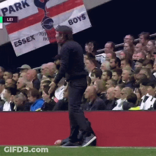 A Man Walking On A Soccer Field With A Banner That Says Essex Boys GIF