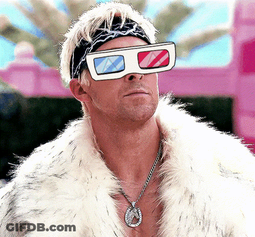 A Man Wearing 3D Glasses And A Fur Coat Has A Horseshoe Necklace Around His Neck GIF
