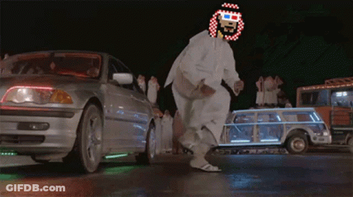 A Man Wearing 3D Glasses Is Dancing In A Parking Lot GIF