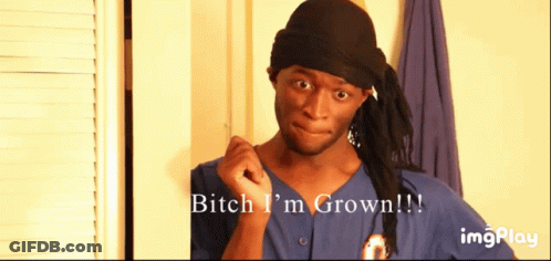 A Man Wearing A Bandana And A Blue Shirt Says Bitch I 'M Grown GIF