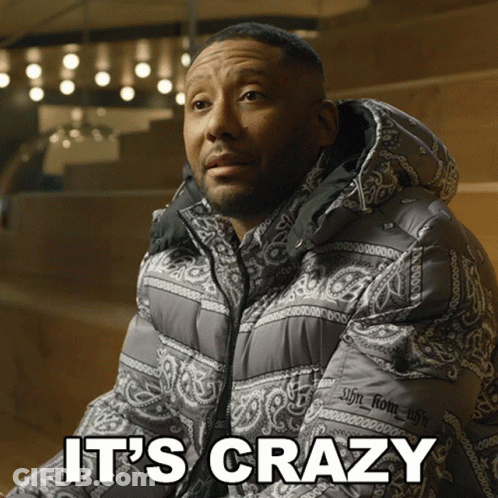 A Man Wearing A Bandana Jacket Says " It 'S Crazy " GIF