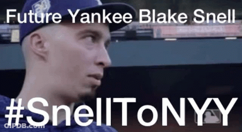 A Man Wearing A Baseball Cap Is Standing In A Dugout With The Words `` Future Yankee Blake Snell '' . GIF