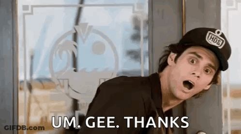 A Man Wearing A Baseball Cap Is Standing In Front Of A Door And Says `` Um Gee Thanks '' . GIF