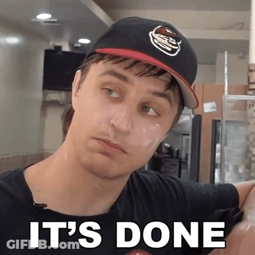 A Man Wearing A Baseball Cap With A Hamburger On It Says It 'S Done GIF