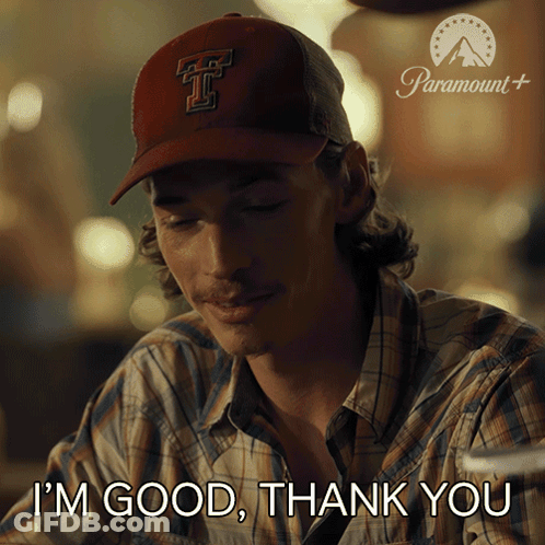 A Man Wearing A Baseball Cap With The Letter T On It Says I 'M Good Thank You GIF