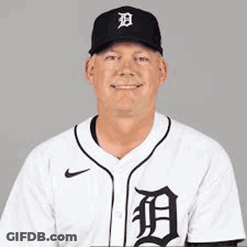 A Man Wearing A Baseball Uniform With The Letter D On The Front GIF