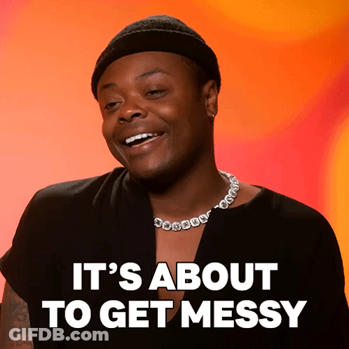 A Man Wearing A Beanie And A Necklace With The Words It 'S About To Get Messy GIF