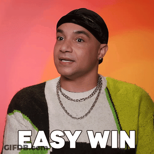 A Man Wearing A Beanie And A Sweater With The Words Easy Win On The Bottom GIF