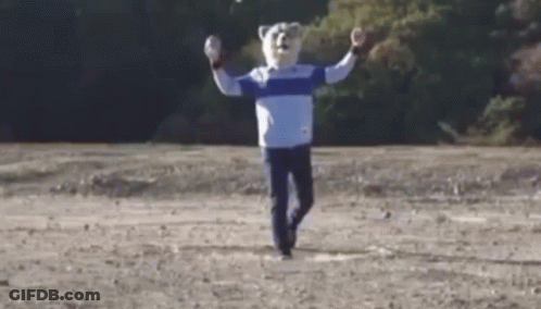 A Man Wearing A Bear Mask Is Running In A Field . GIF